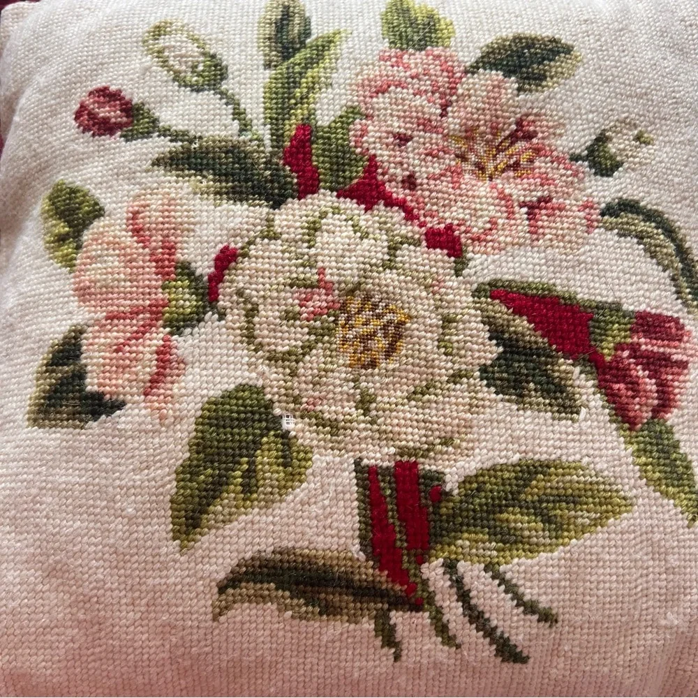 Vintage Needlepoint Pillow with Ruffle Trim – 14”x14” (+2” Ruffle)